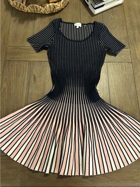 Milly Navy and Pink Striped Knit Fit-and-Flare Midi Dress